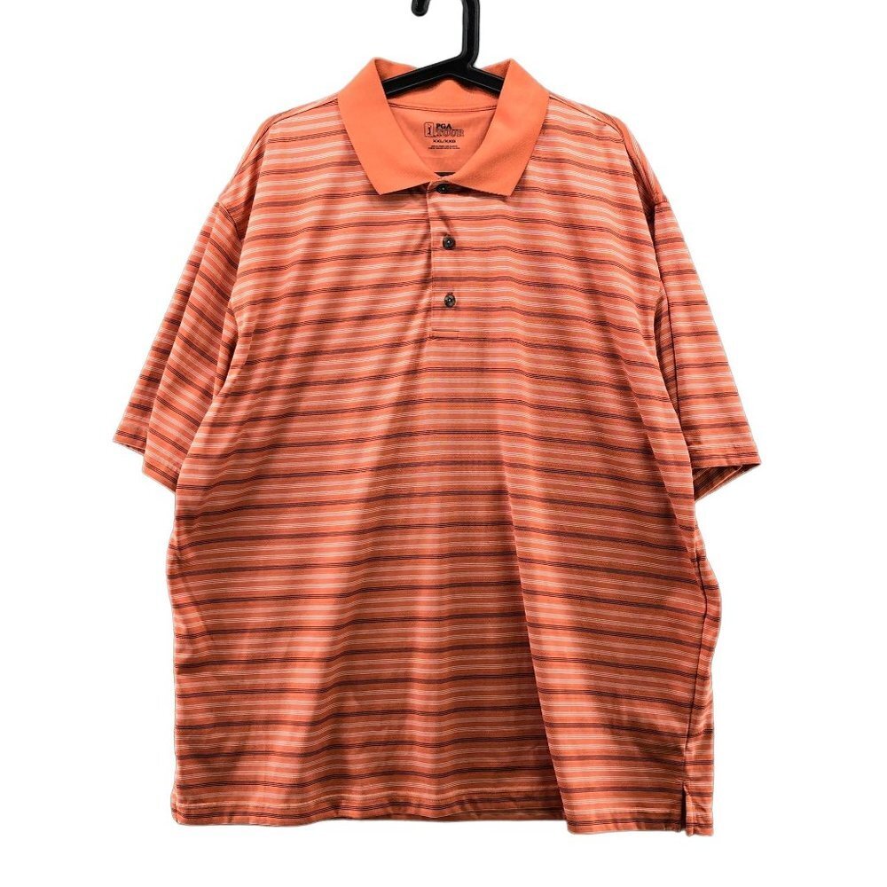 PGA Tour Golf Polo‎ Shirt Mens XXL Orange Stripes Short Sleeve Active Quick Dry